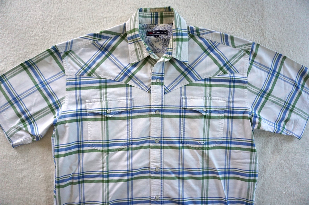 Roper Western Shirt Mens Large Pearl Snap White Buffalo Plaid Rodeo